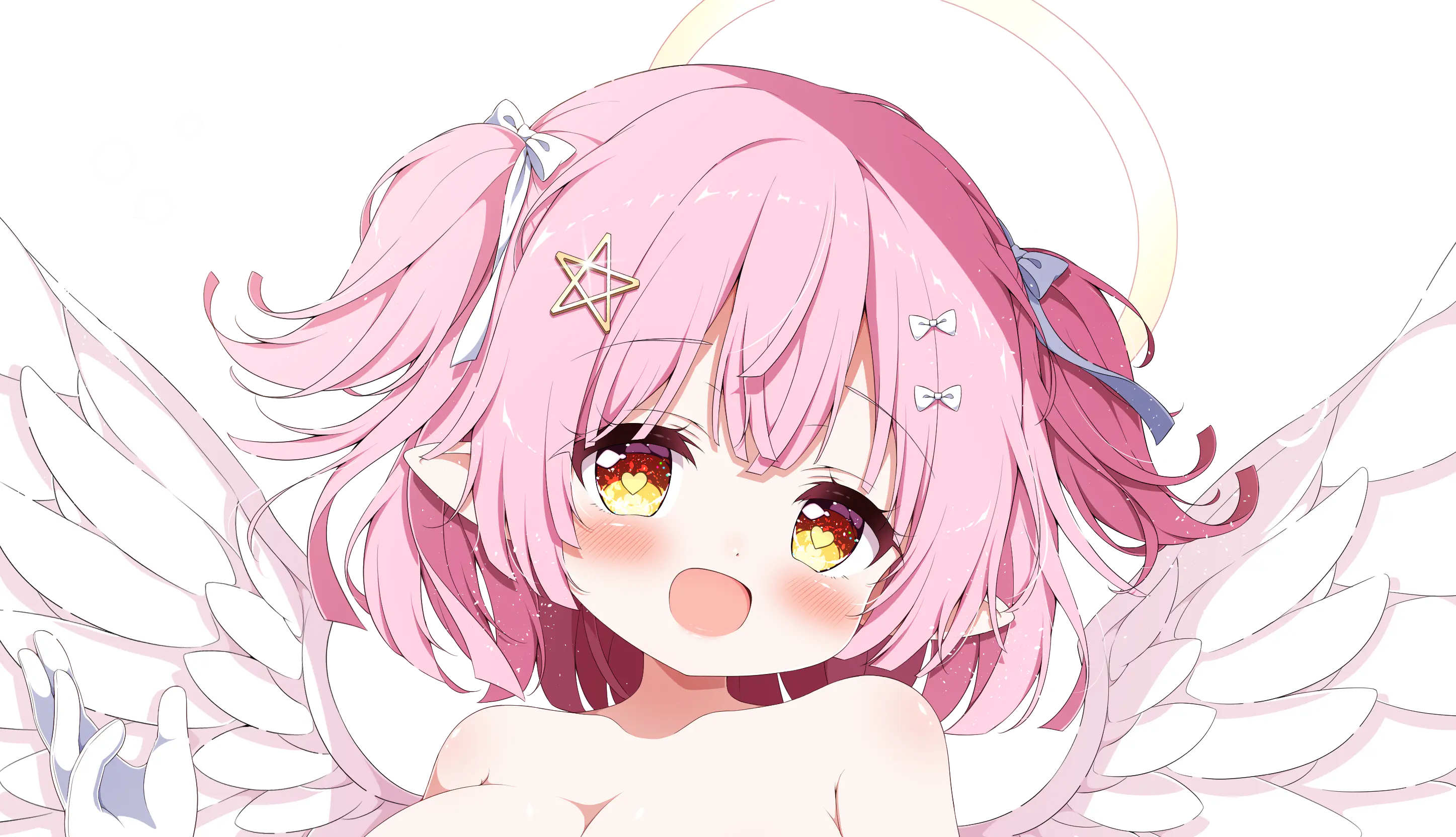 Rue, a pink-haired elf girl, wearing white angel wings and smiling happily at you!