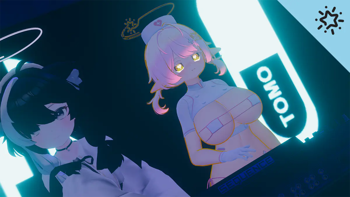 Two anime-style performers stand behind DJ equipment in a dark venue illuminated by bright cyan geometric lights. One has dark hair and cat ears, while the other has pink hair and wears a nurse-style cap beneath a halo.