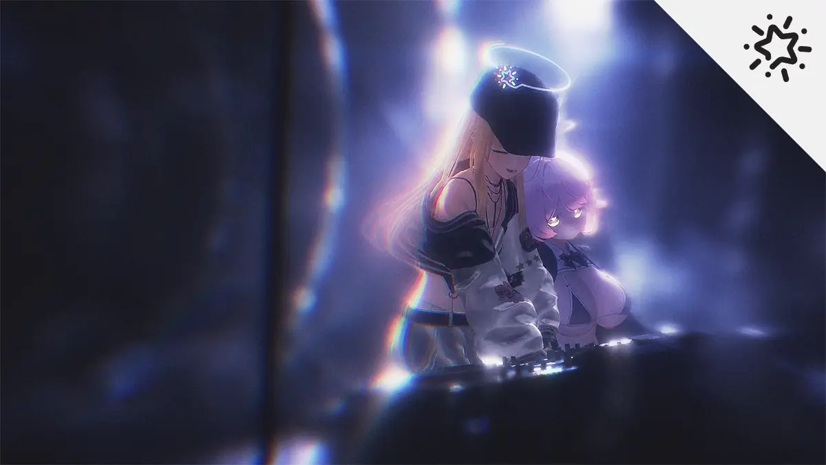 Two anime-style performers stand at DJ equipment in soft violet and blue lighting, with the Tomodachi Night star logo in the upper-right corner.