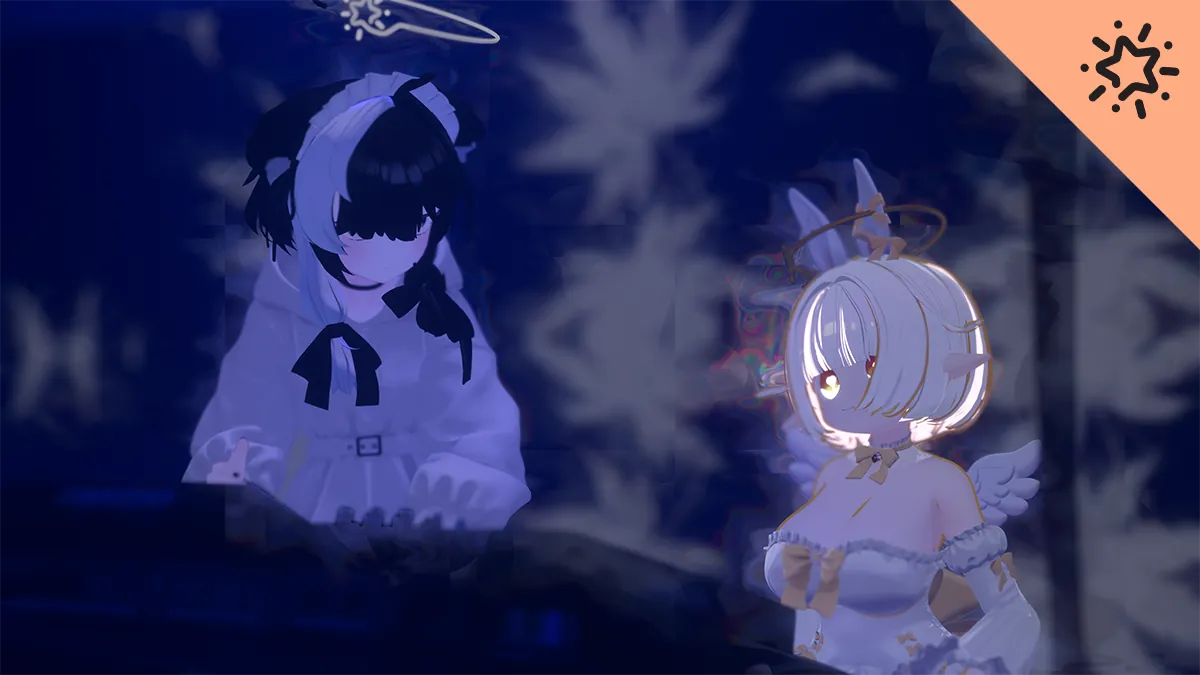 Two anime-style avatars in pale outfits stand in deep blue and violet lighting, with the Tomodachi Night star logo on a peach banner in the upper-right corner.
